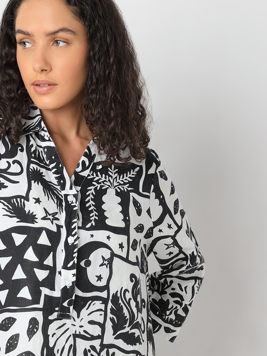 Black Printed Linen Mini Shirt Dress