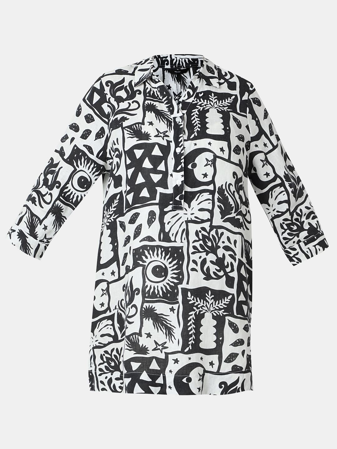 Black Printed Linen Mini Shirt Dress