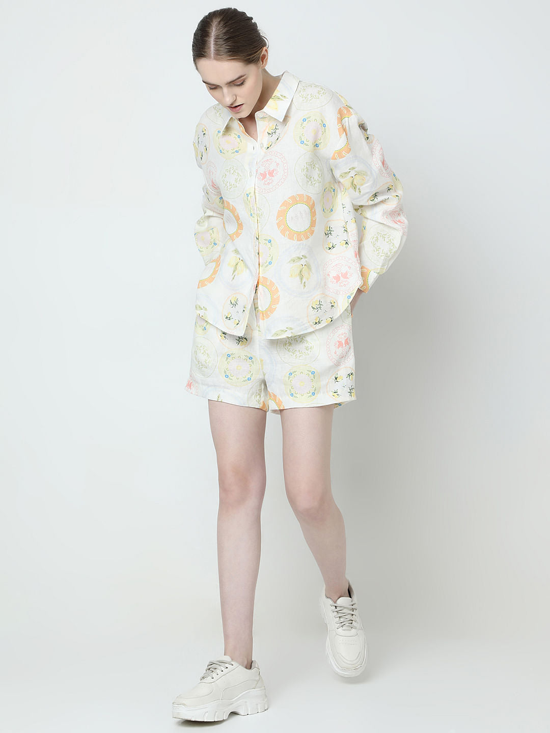 Off-White Printed Linen Co-Ord Set Shirt