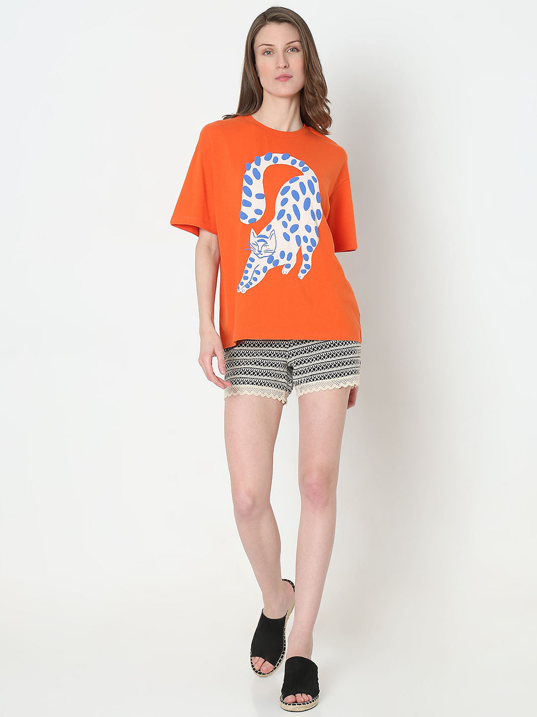 Orange Graphic Print Cotton T-Shirt
