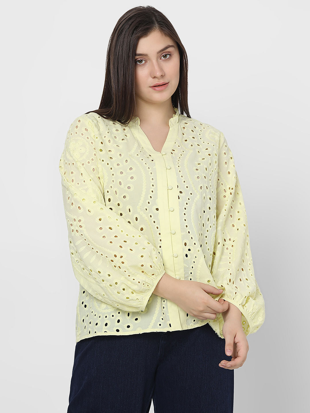 Curve Light Yellow Schiffli Top