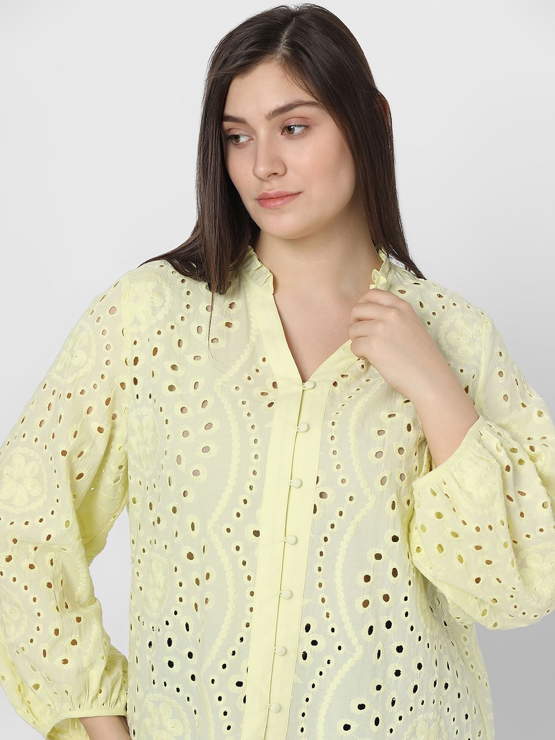Curve Light Yellow Schiffli Top
