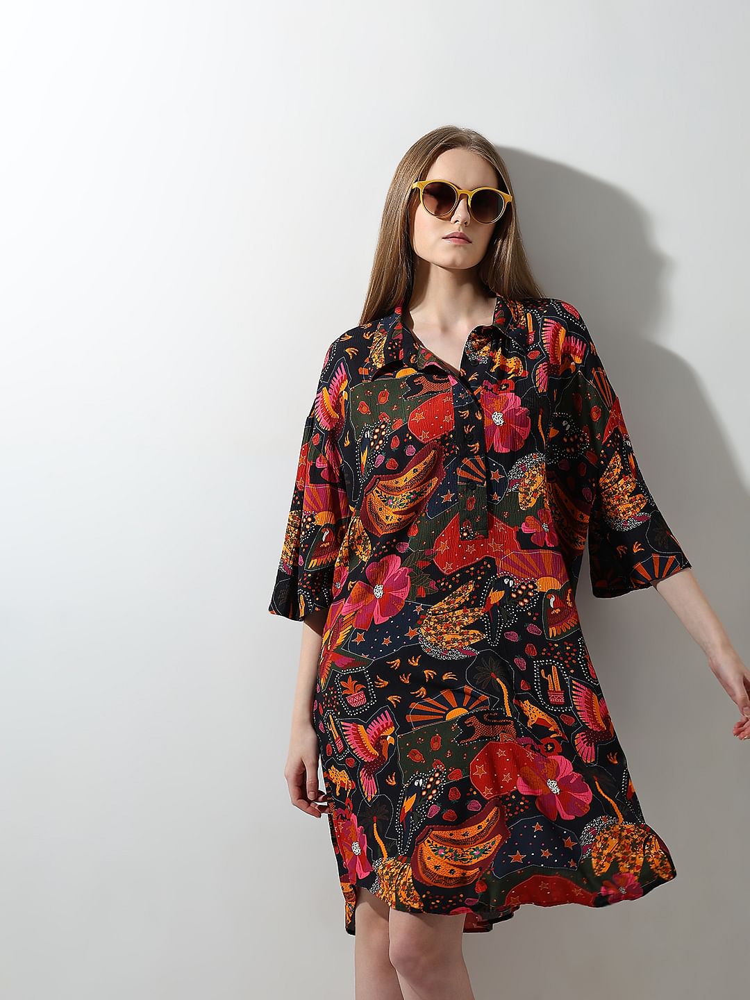 Black Abstract Print Shirt Dress
