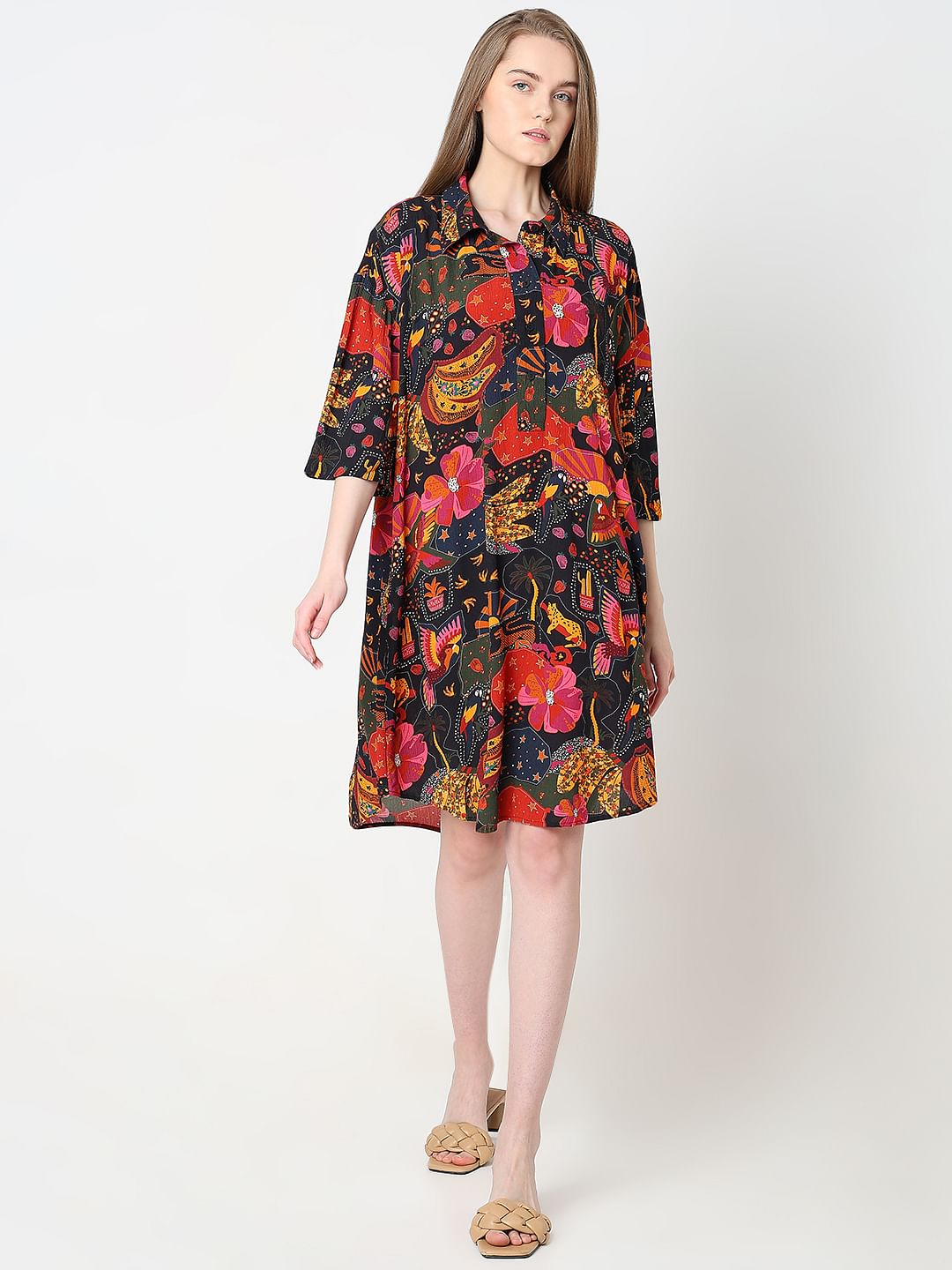 Black Abstract Print Shirt Dress