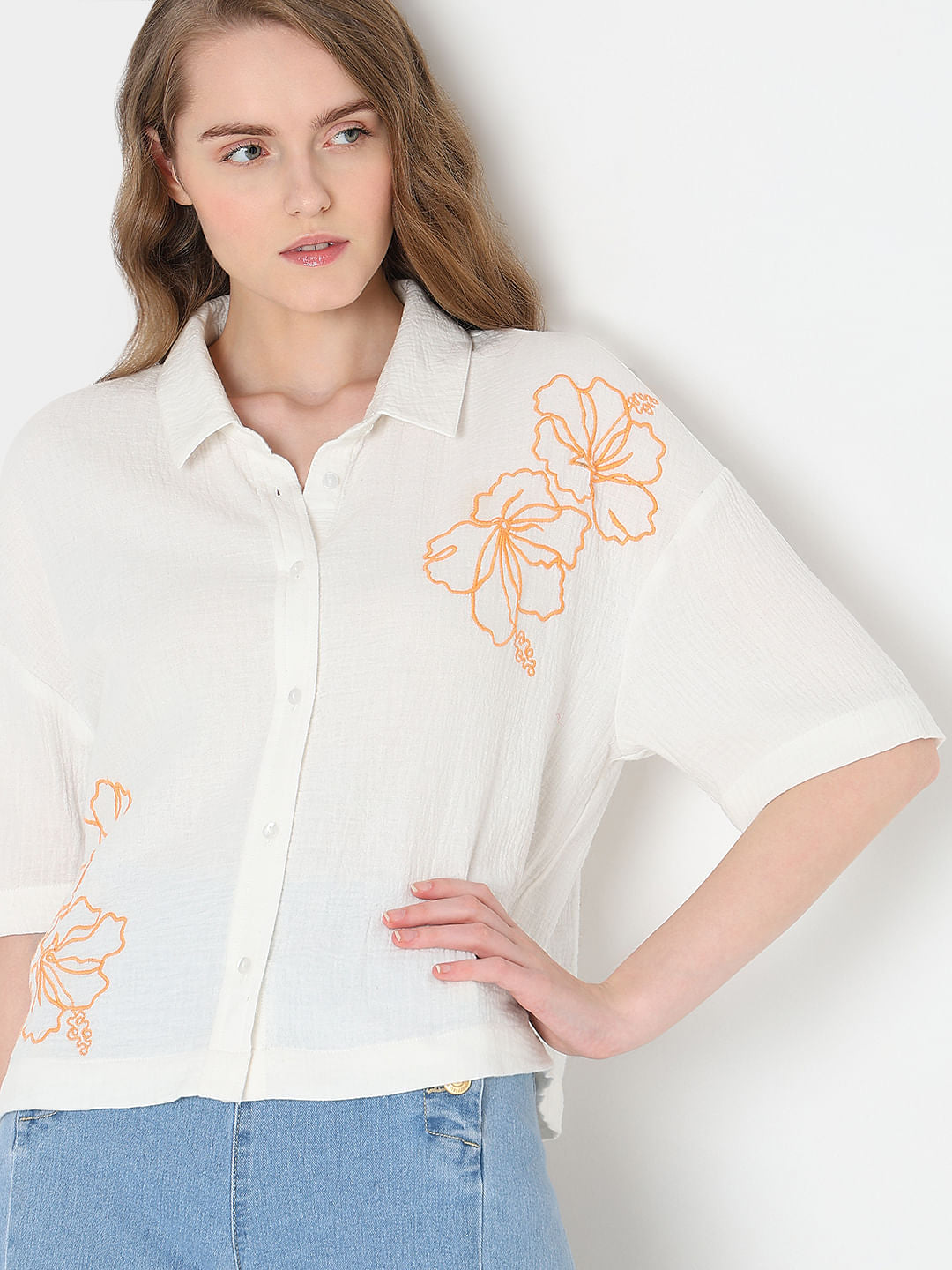 White Embroidered Print Shirt