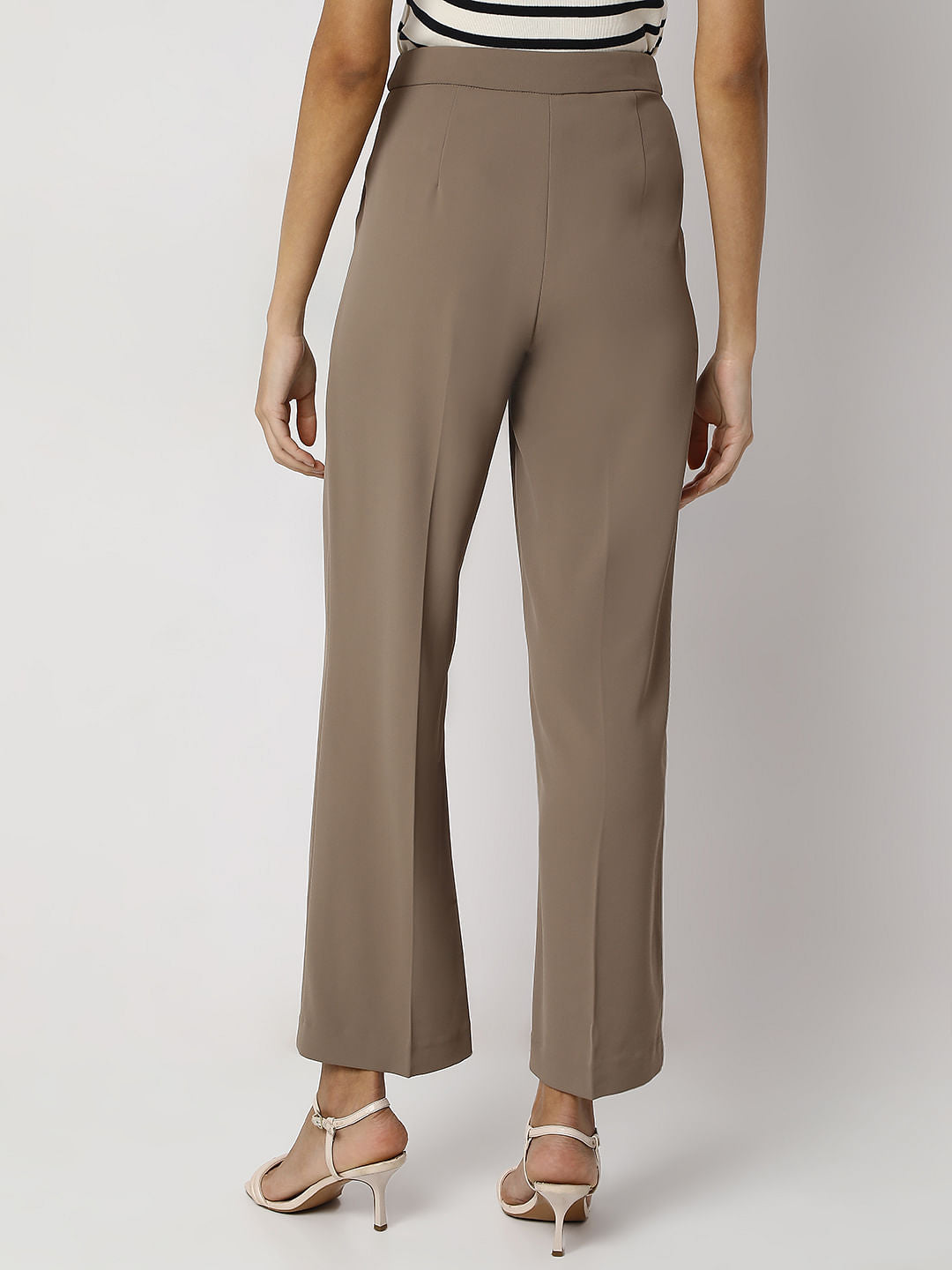 Beige High Rise Straight Fit Pants