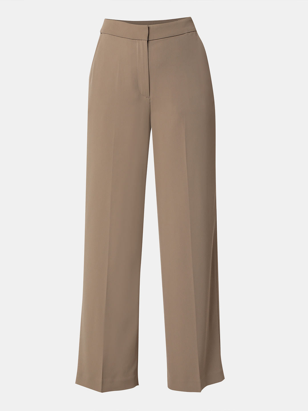 Beige High Rise Straight Fit Pants