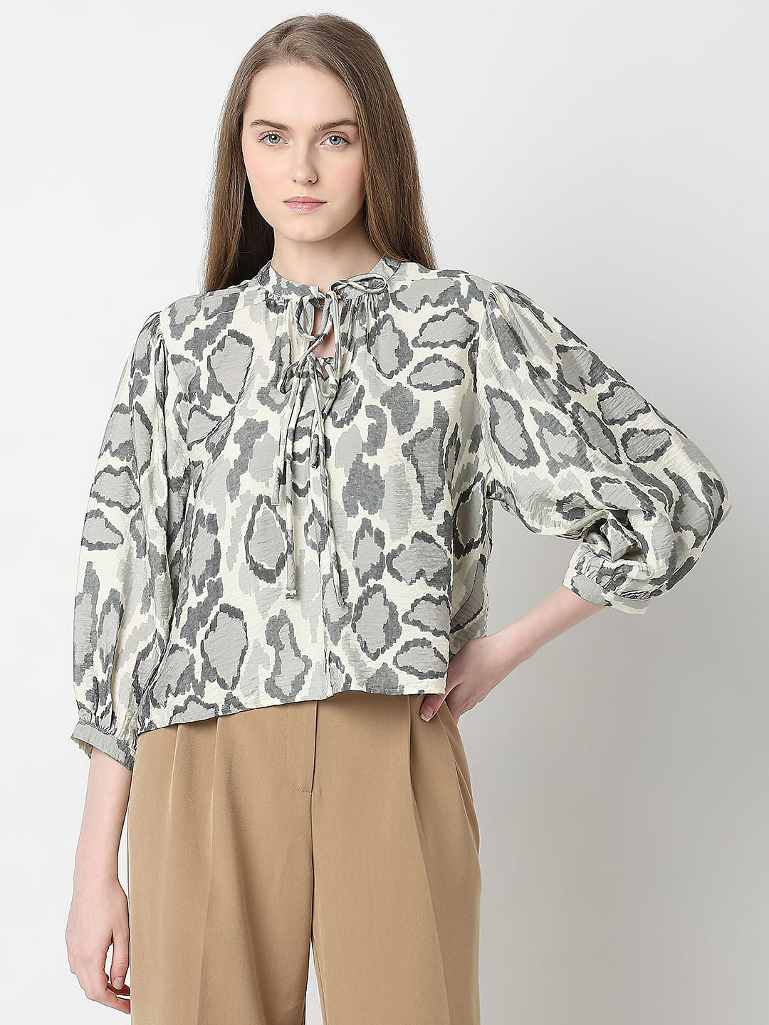 Cream Abstract Print Top