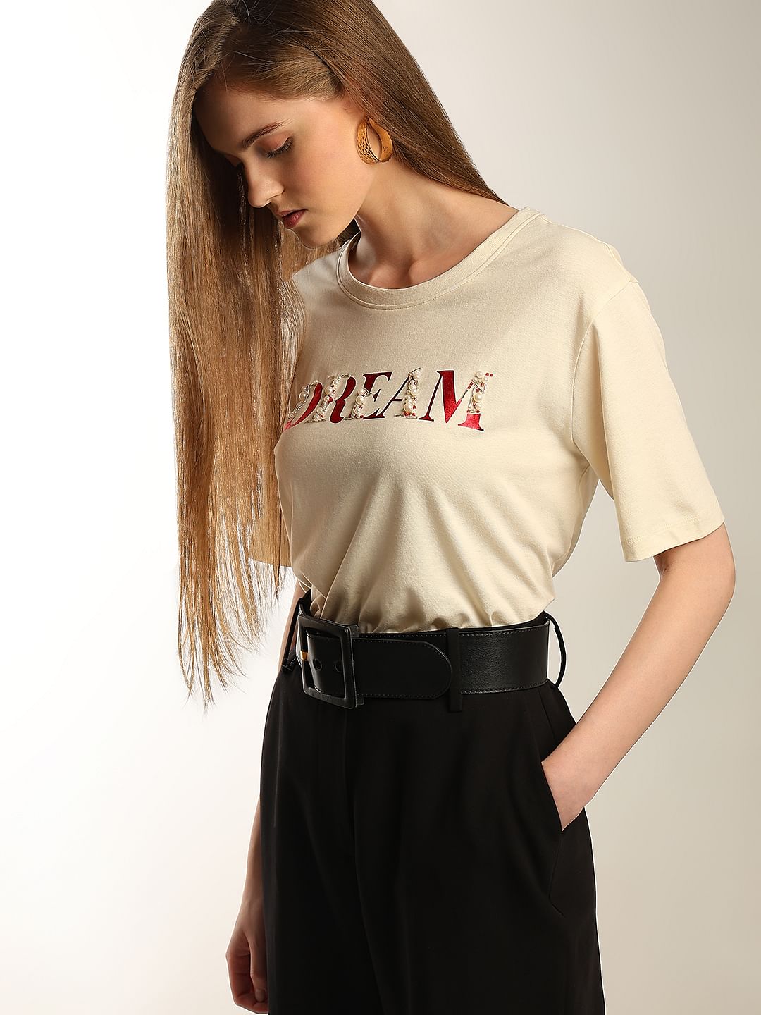 Cream Embellished Text T-Shirt