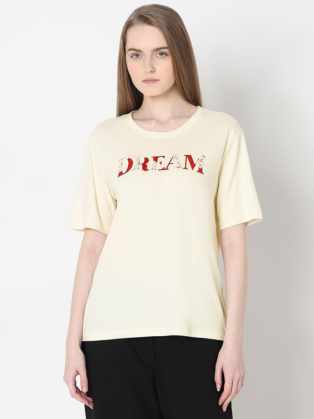 Cream Embellished Text T-Shirt