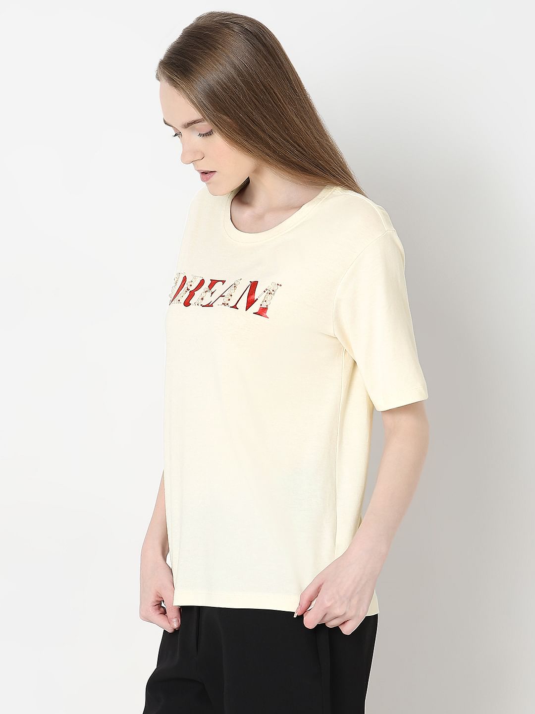 Cream Embellished Text T-Shirt