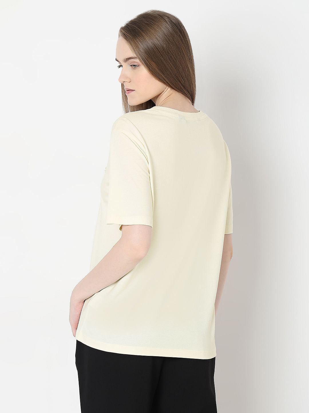 Cream Embellished Text T-Shirt