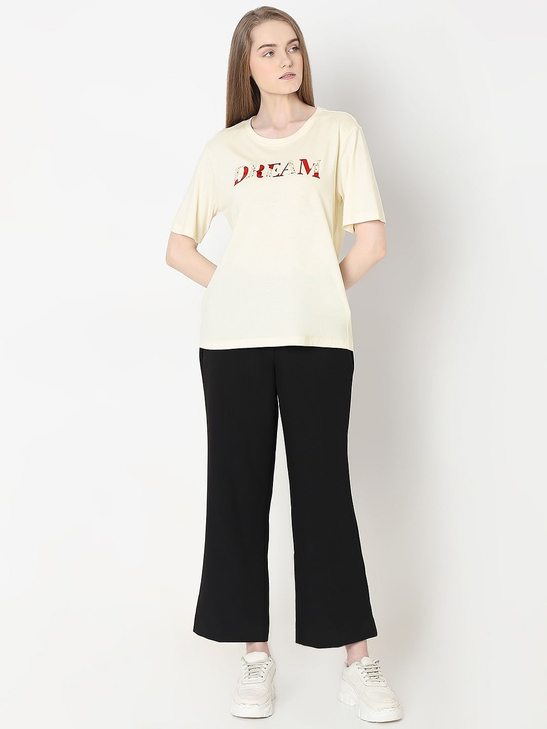 Cream Embellished Text T-Shirt