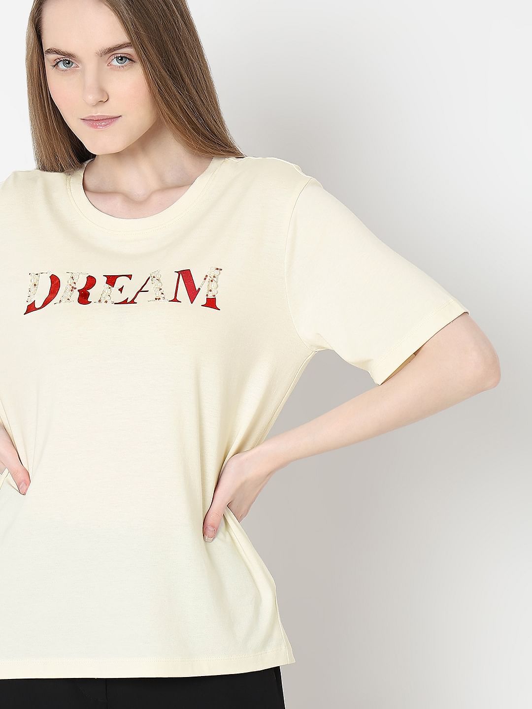 Cream Embellished Text T-Shirt