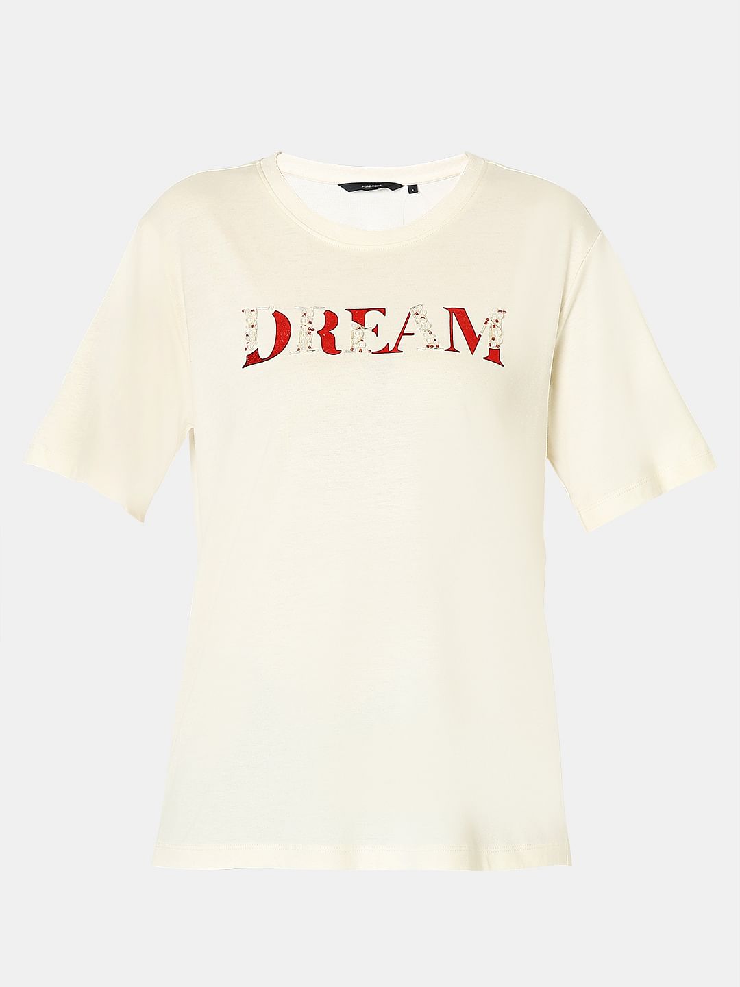 Cream Embellished Text T-Shirt