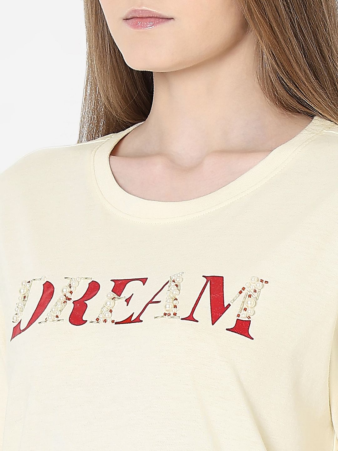 Cream Embellished Text T-Shirt