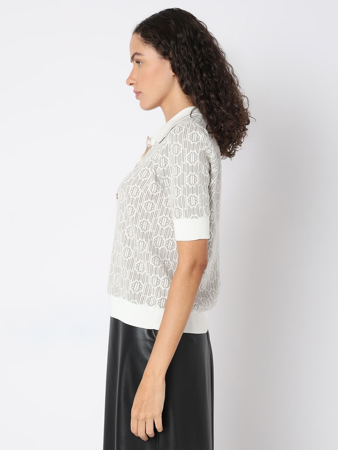Beige Polo Neck Printed Knit Top