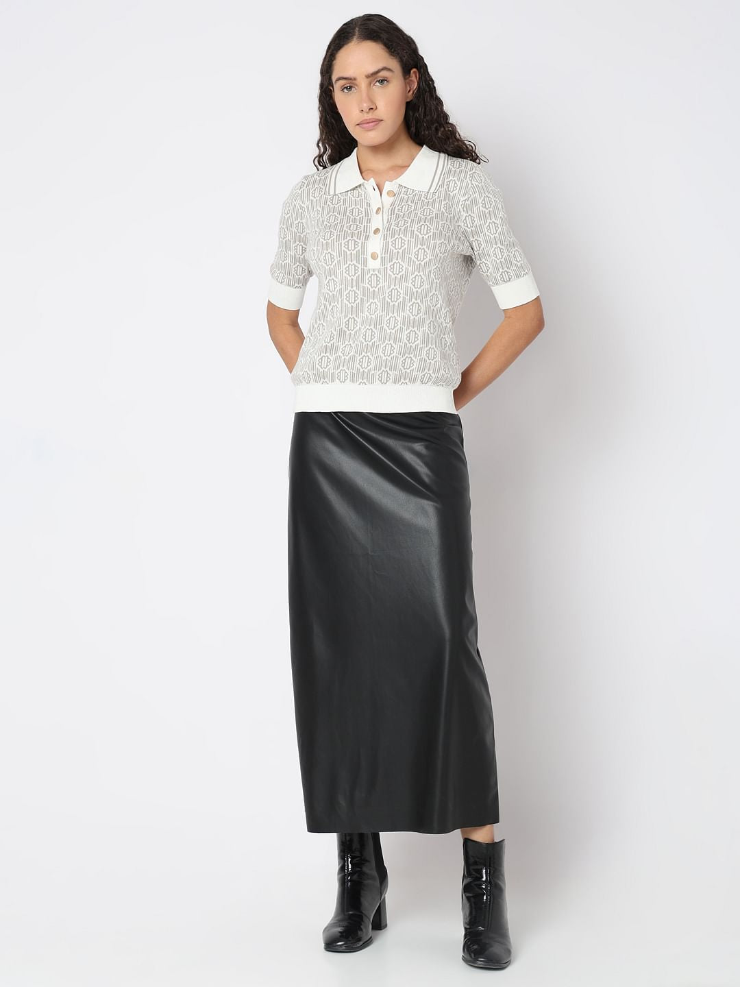 Beige Polo Neck Printed Knit Top