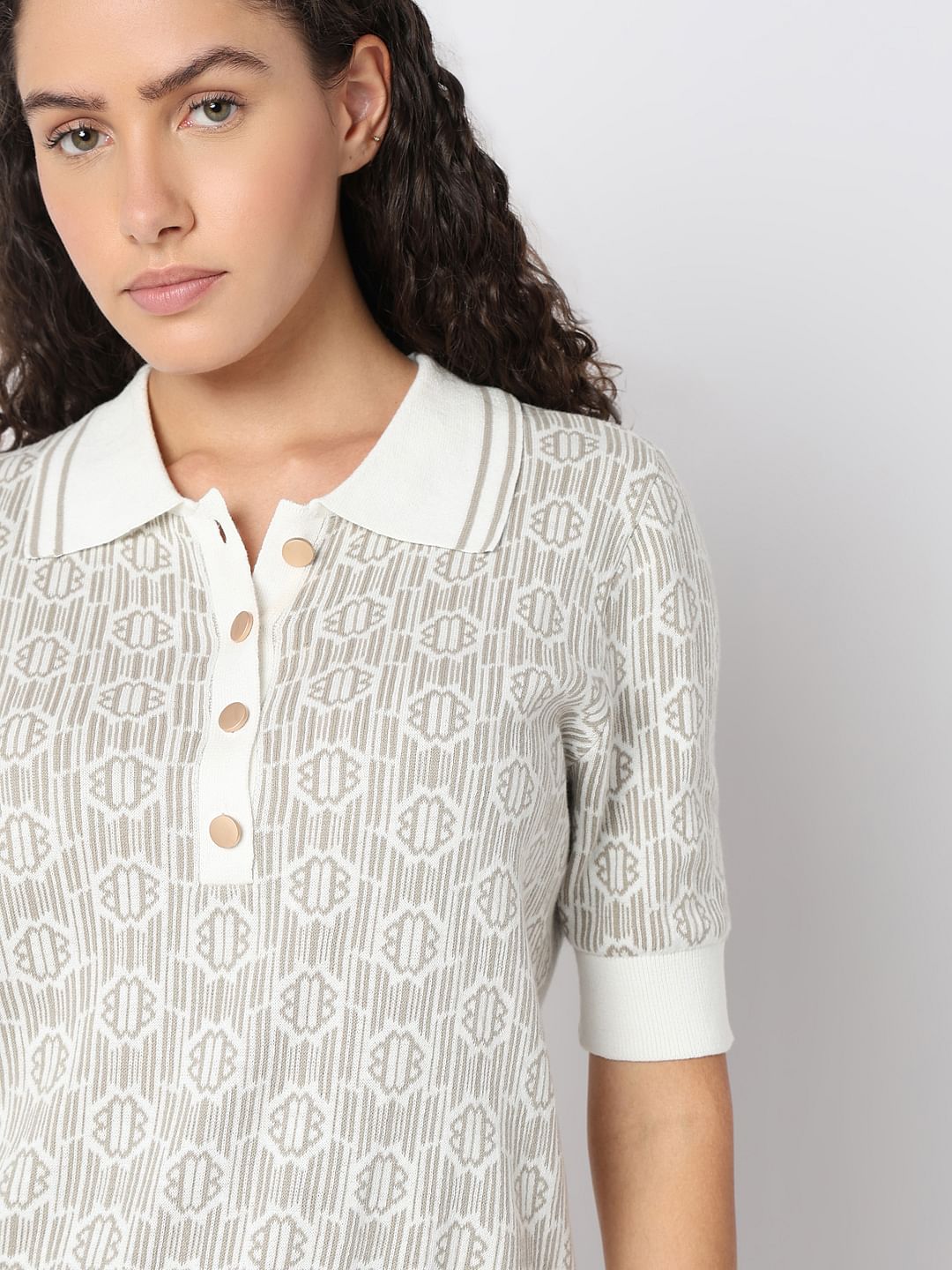 Beige Polo Neck Printed Knit Top