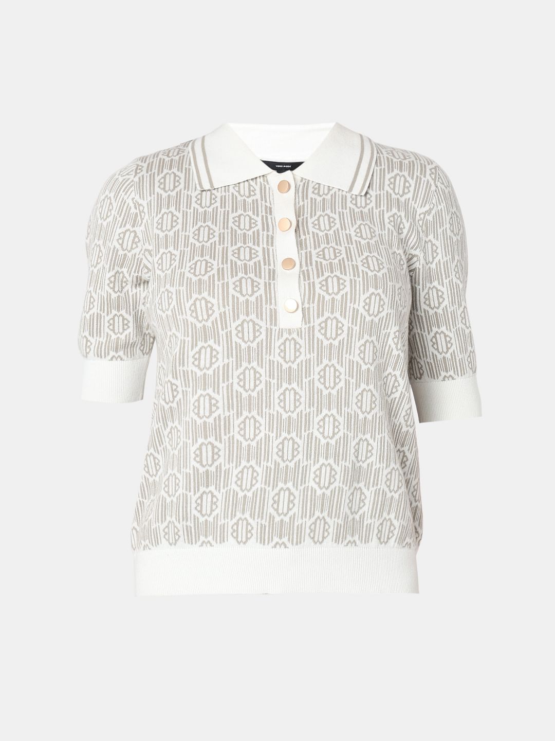 Beige Polo Neck Printed Knit Top