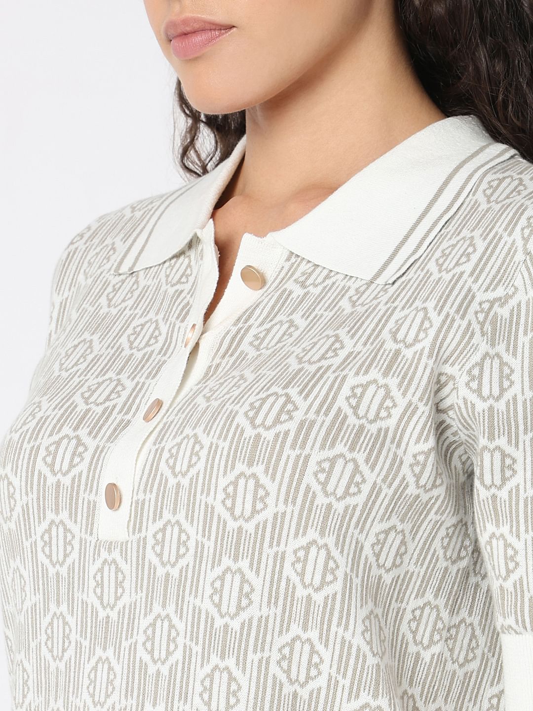 Beige Polo Neck Printed Knit Top
