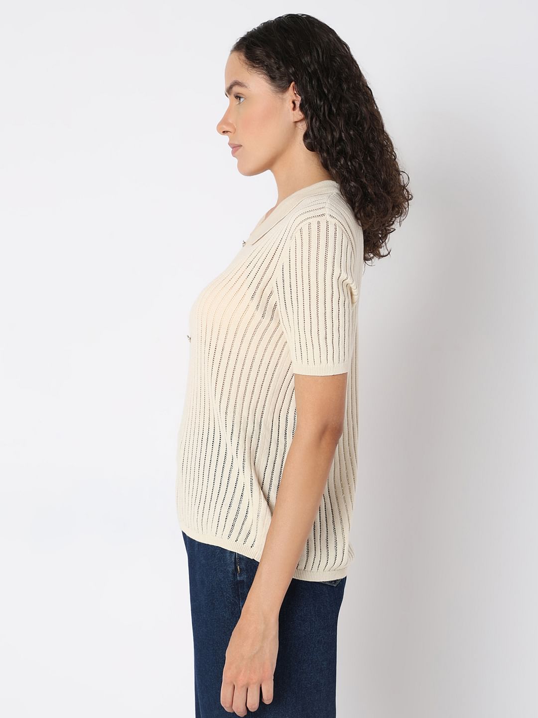 Beige Polo Neck Short Sleeve Top