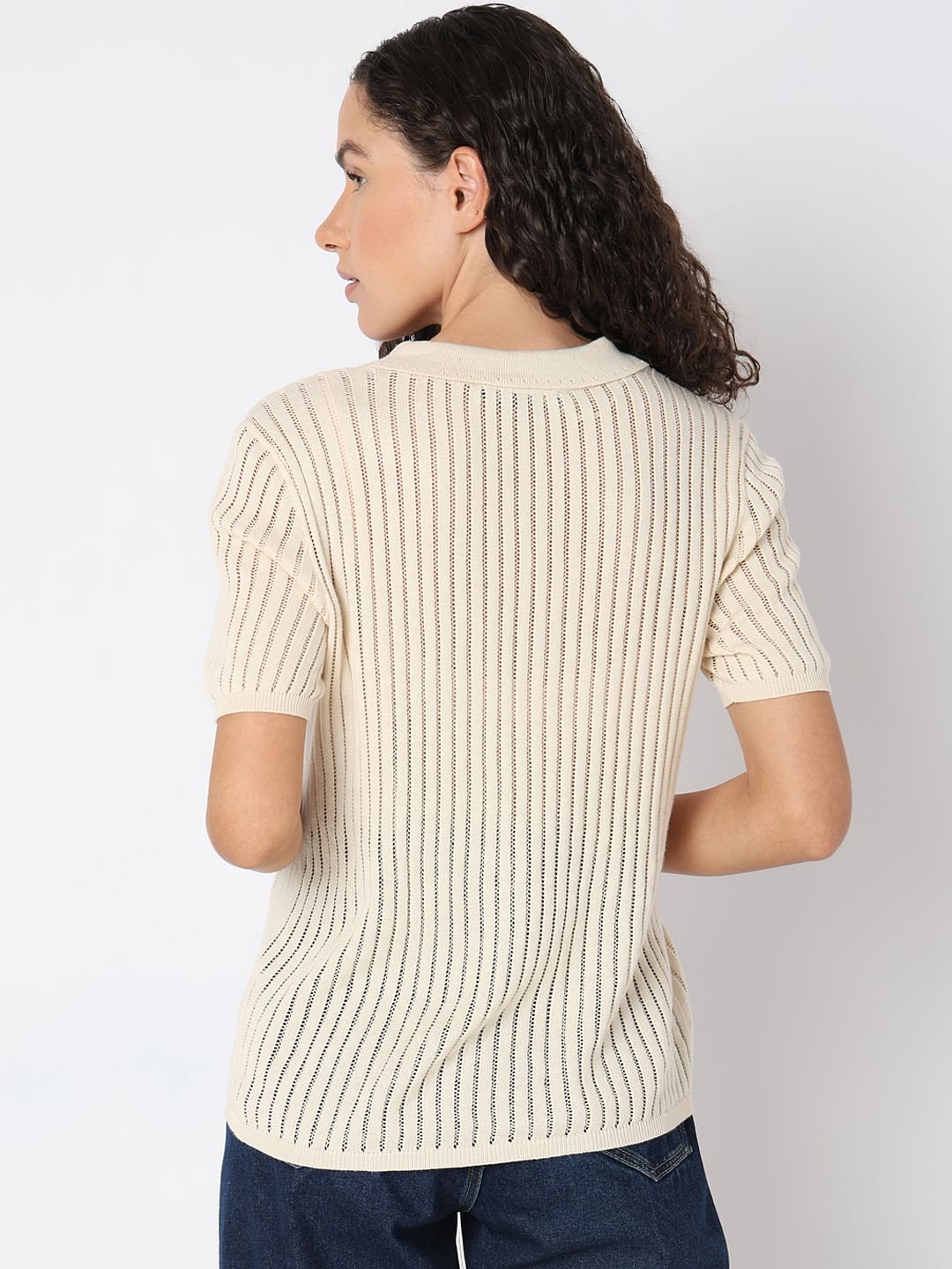 Beige Polo Neck Short Sleeve Top