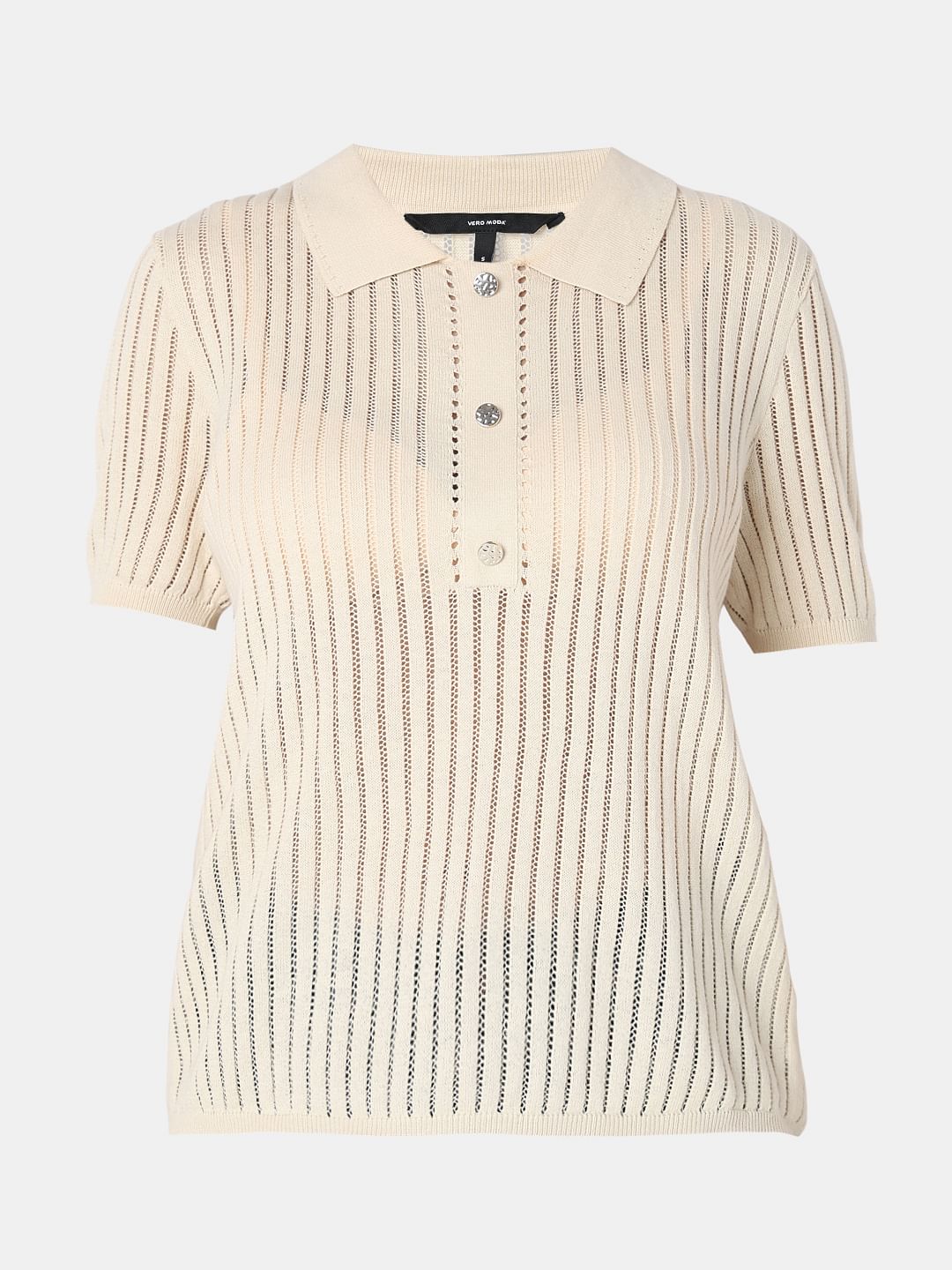 Beige Polo Neck Short Sleeve Top
