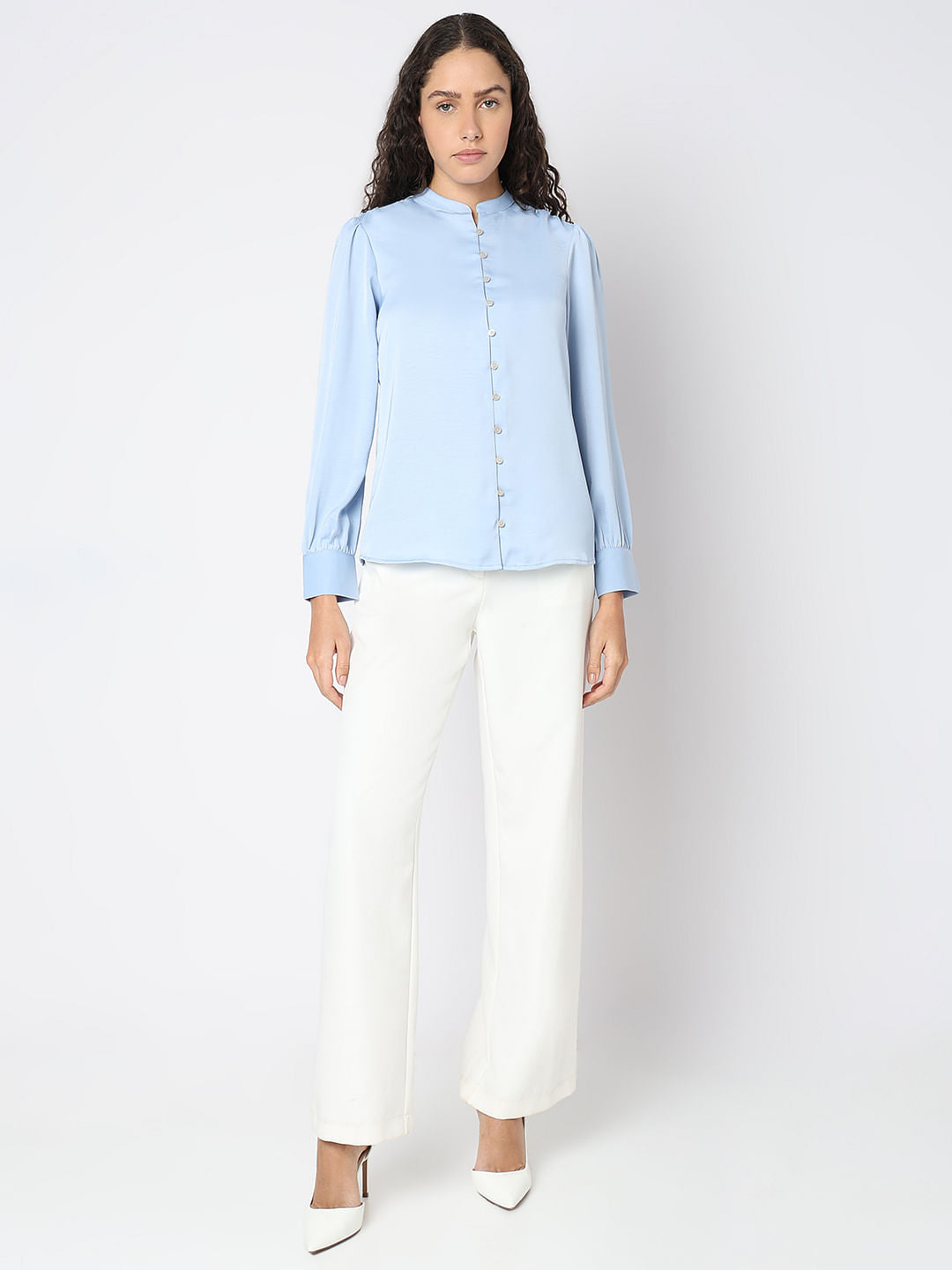 Powder Blue Mandarin Collar Top