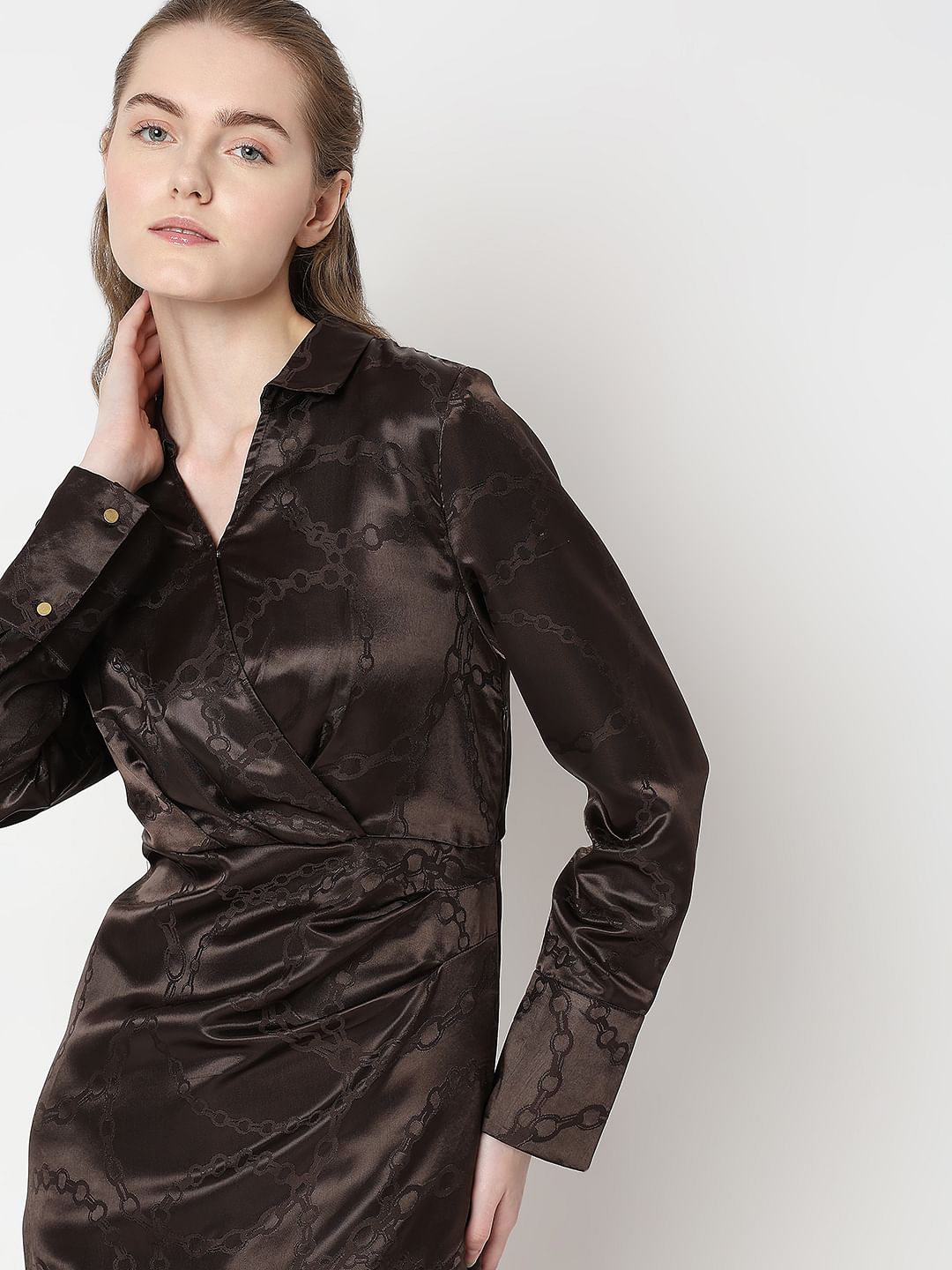 Brown Abstract Print Wrap Dress