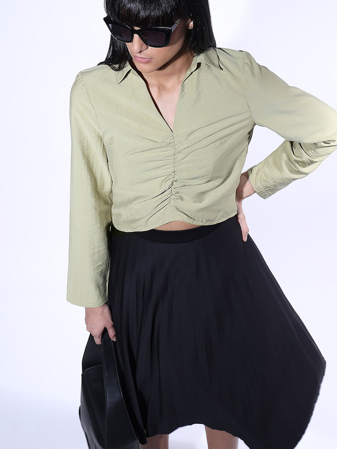 Green Ruched Cropped Shirt