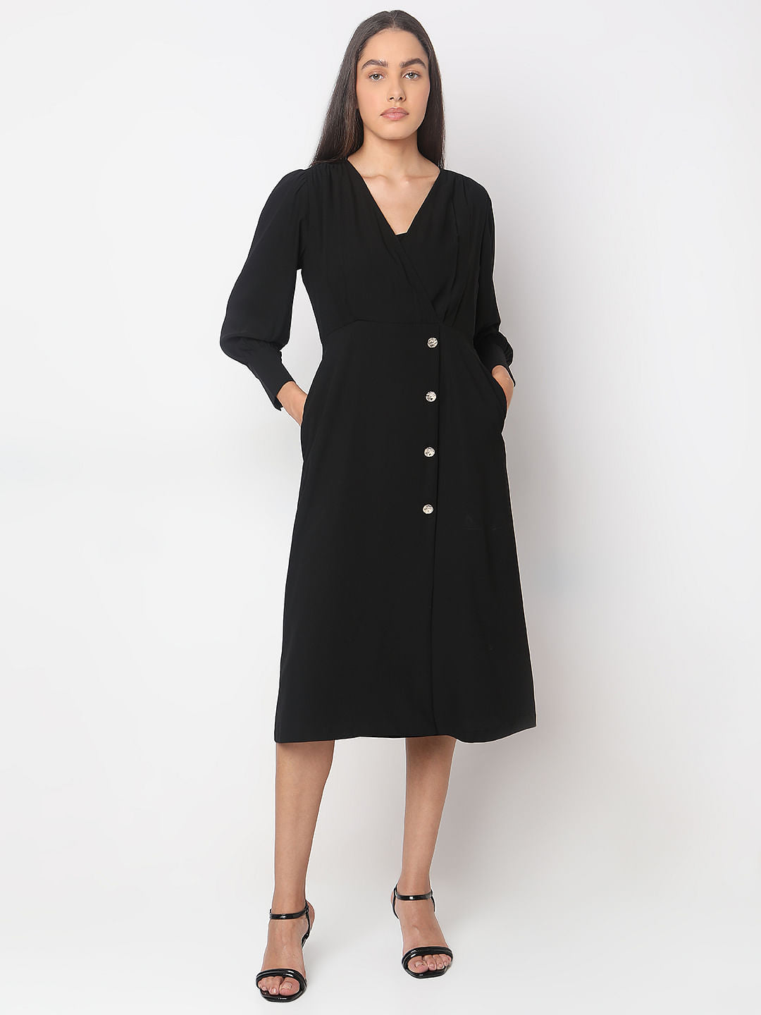 Black V-Neck Midi Dress