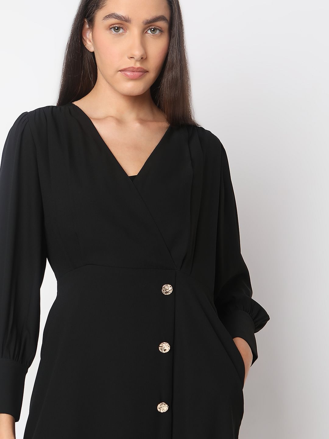 Black V-Neck Midi Dress