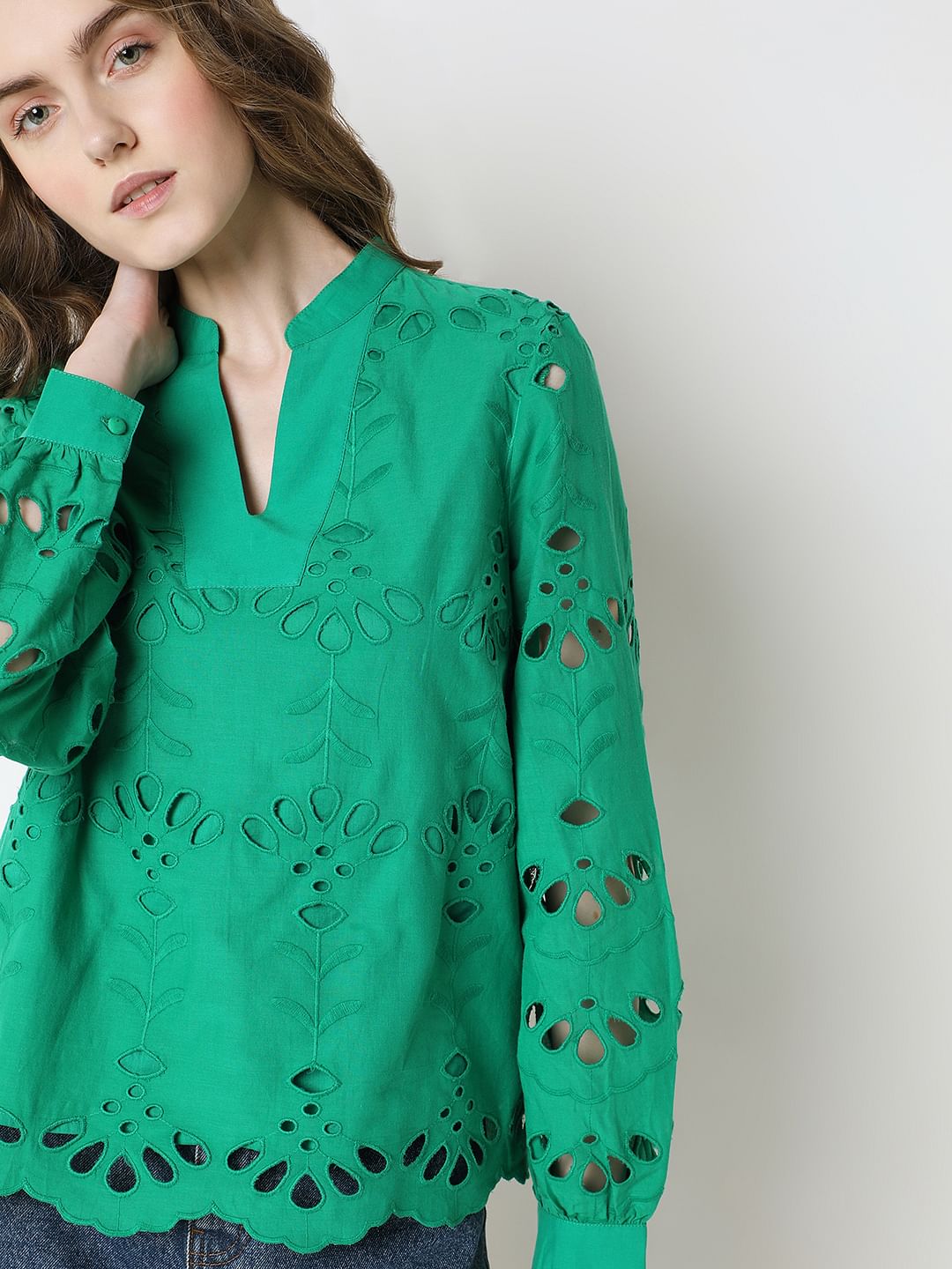 Green Floral Cut-Out Top