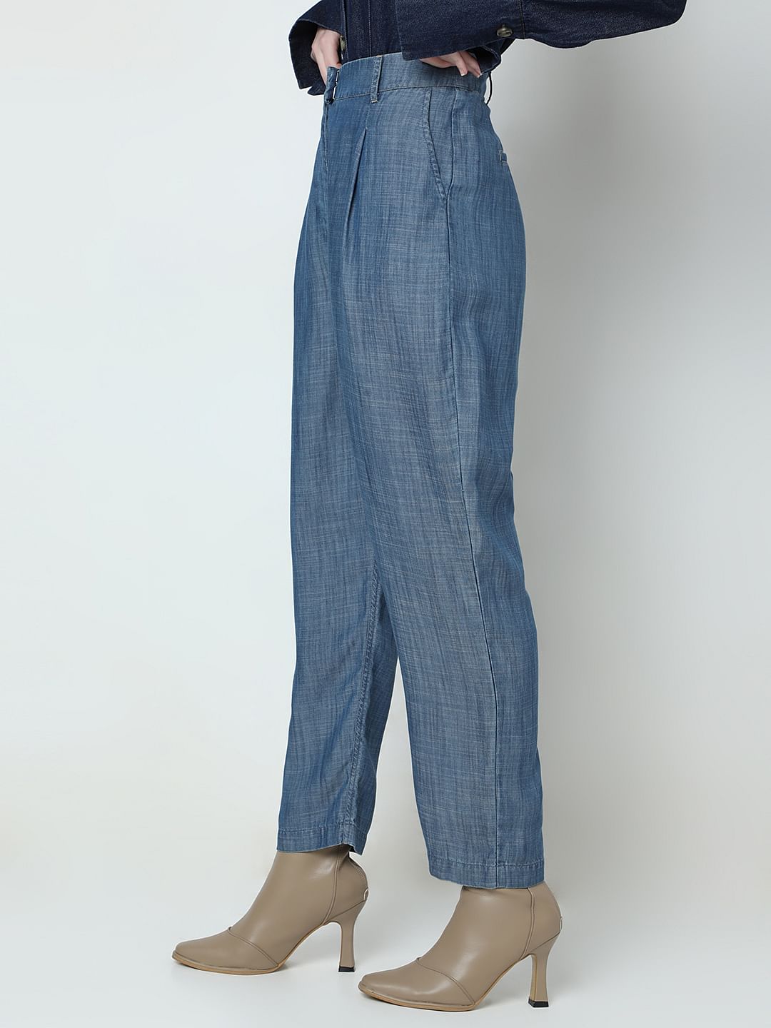 Blue High Rise Tencel Pants