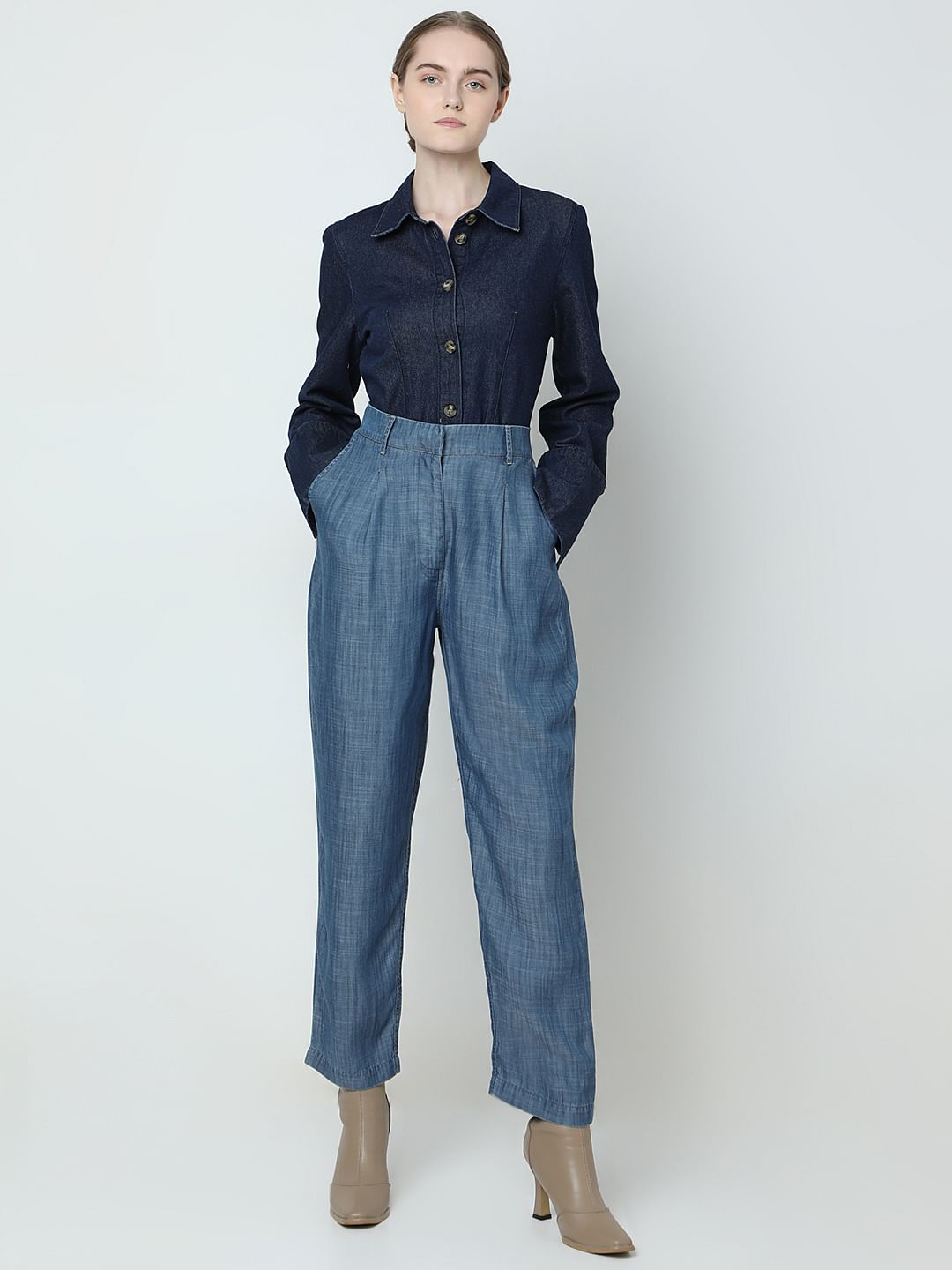Blue High Rise Tencel Pants
