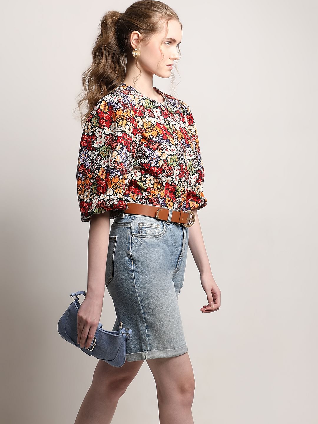 Black Floral Print Cotton Top