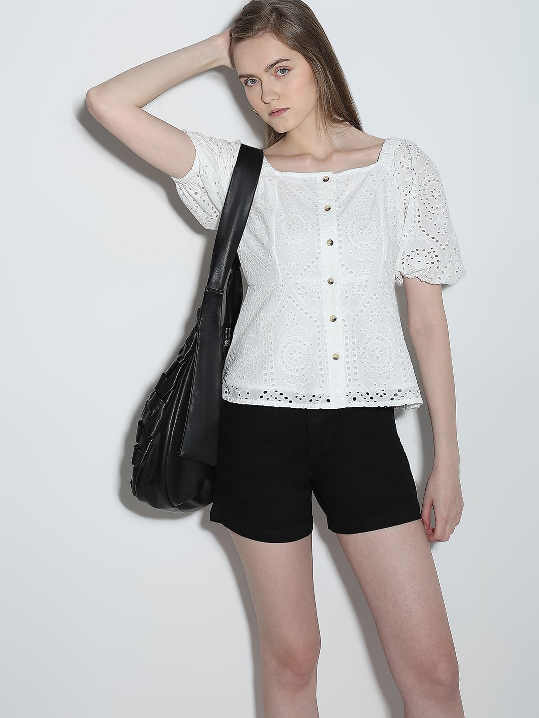 White Schiffli Peplum Top