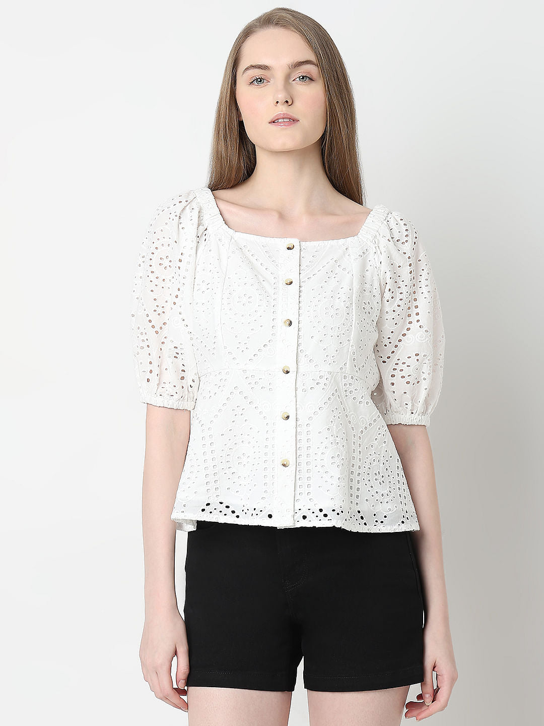 White Schiffli Peplum Top
