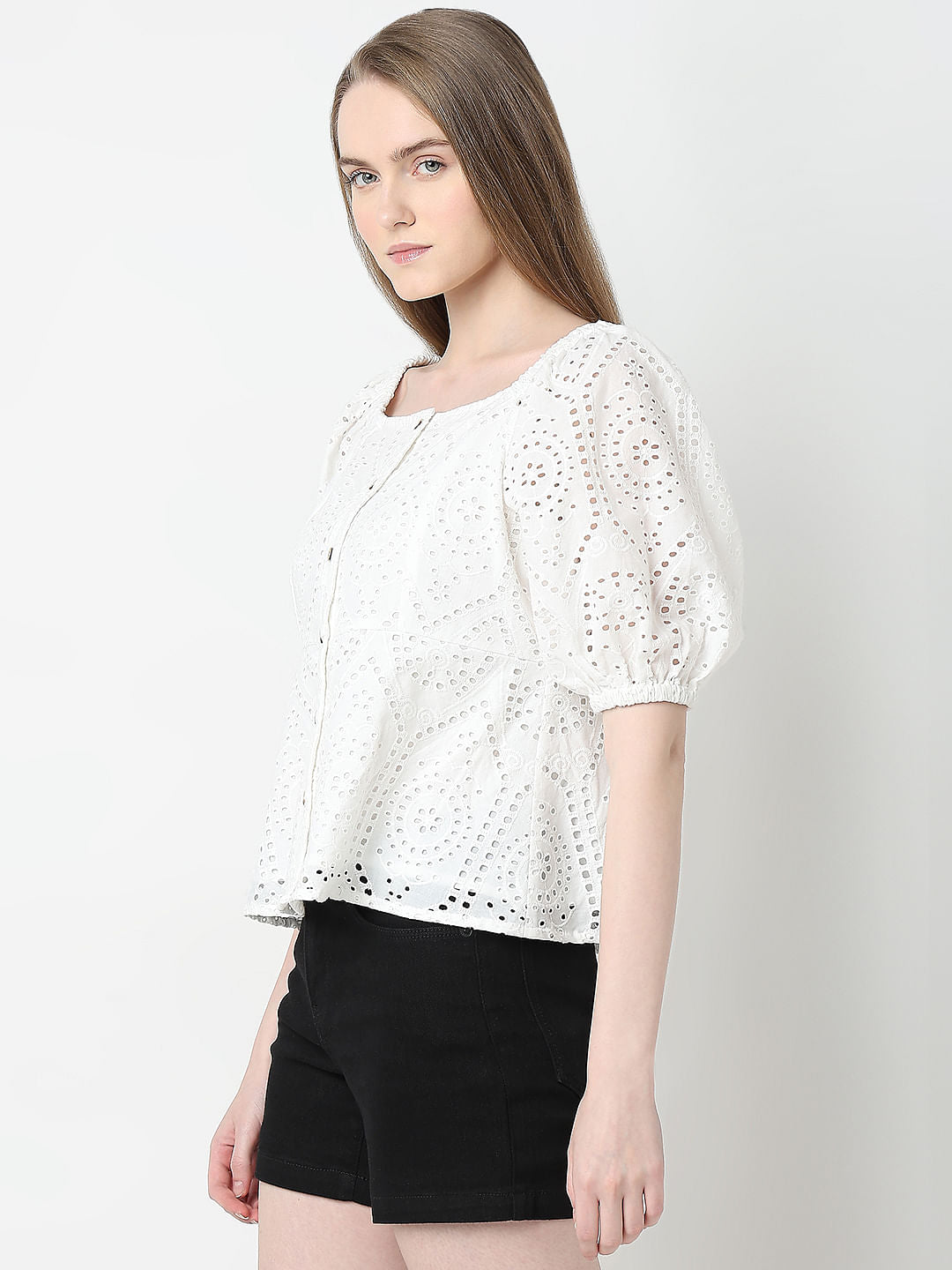 White Schiffli Peplum Top
