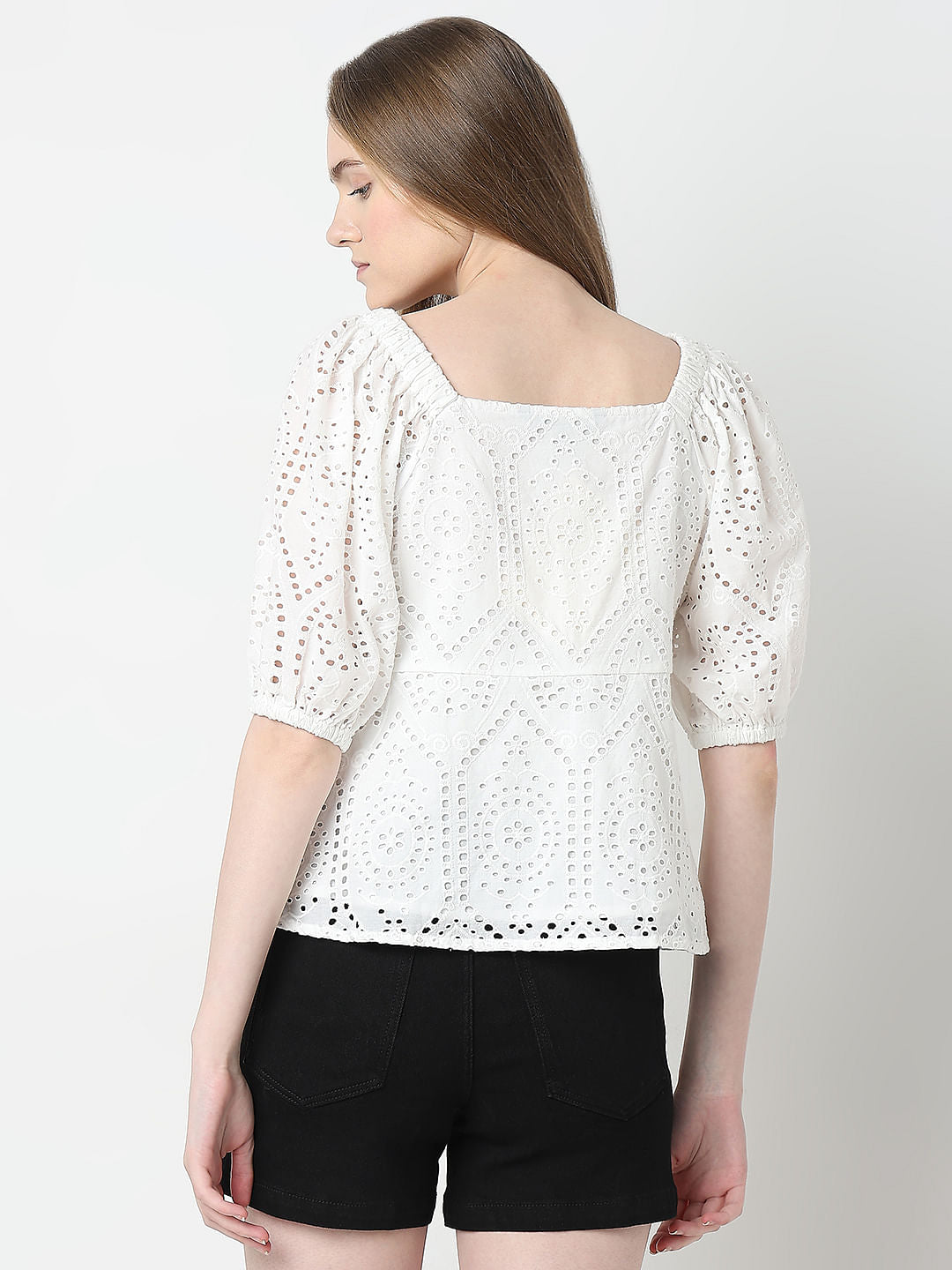 White Schiffli Peplum Top