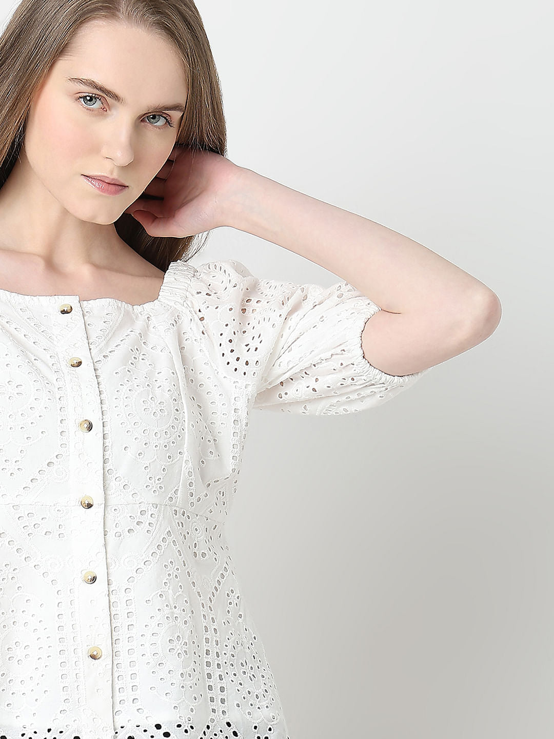 White Schiffli Peplum Top