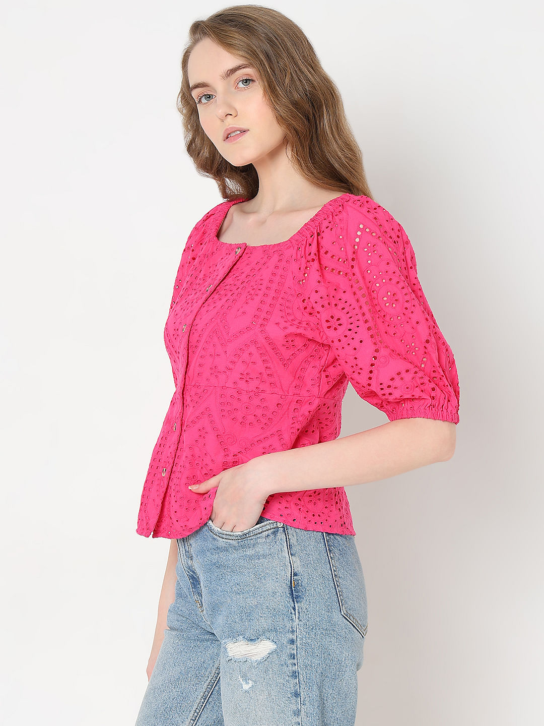 Pink Schiffli Peplum Top