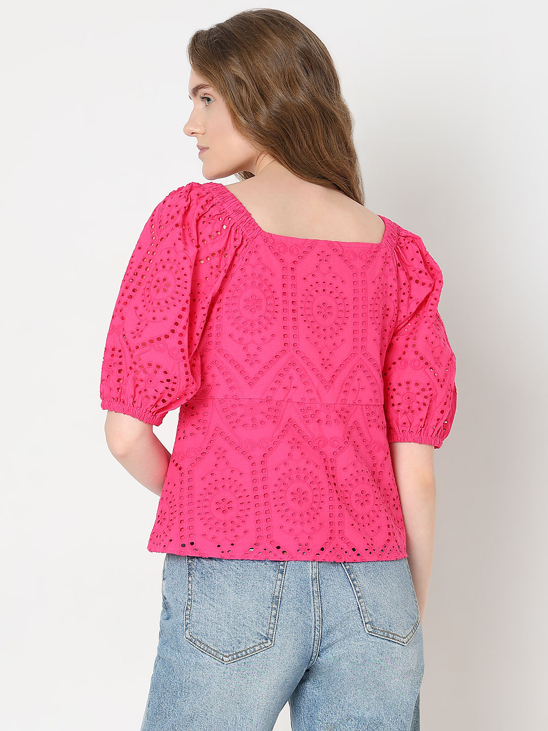 Pink Schiffli Peplum Top