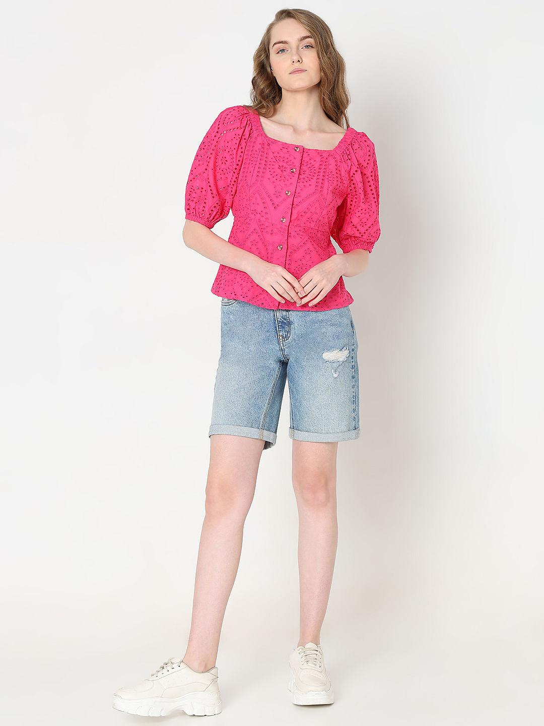 Pink Schiffli Peplum Top