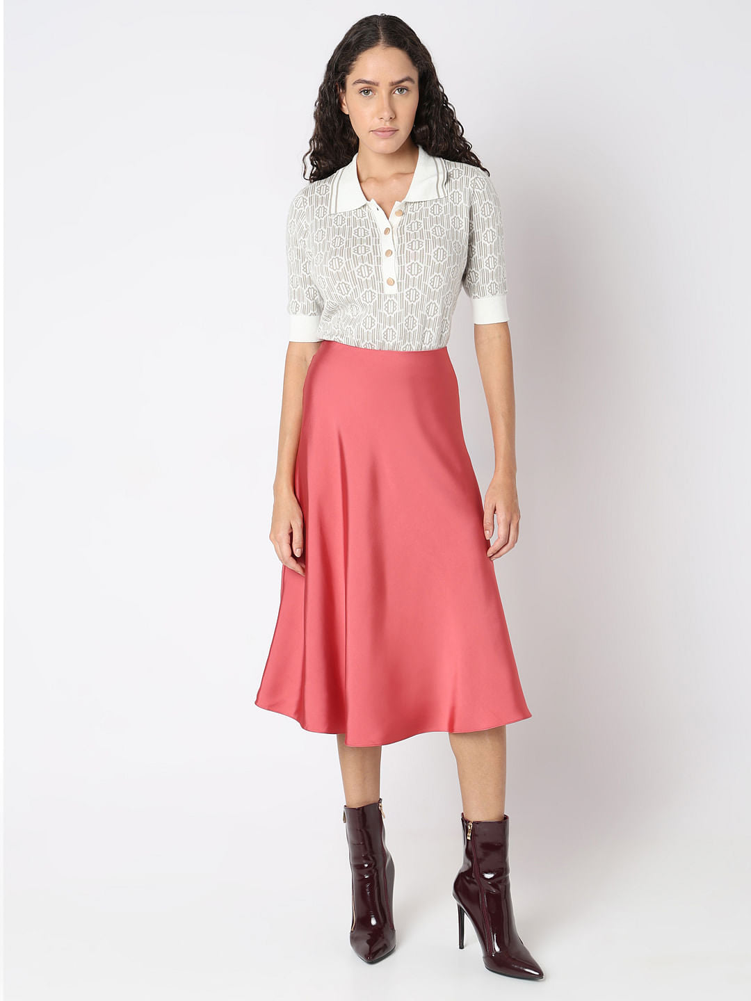 Rose Pink Satin Midi Skirt