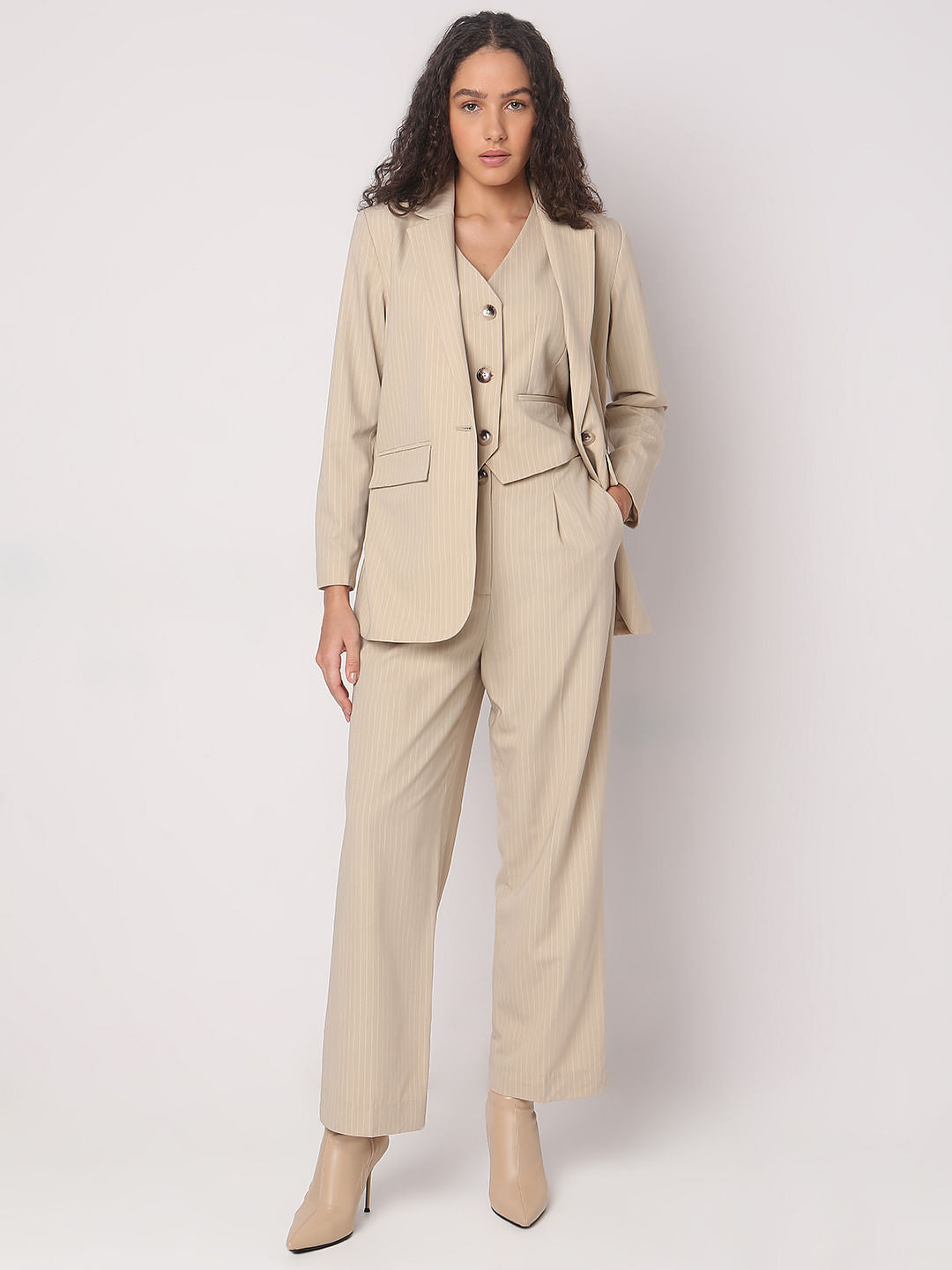 Co Ord Sets Pants And Blazer Set Womens Beige Striped Co-Ord Set