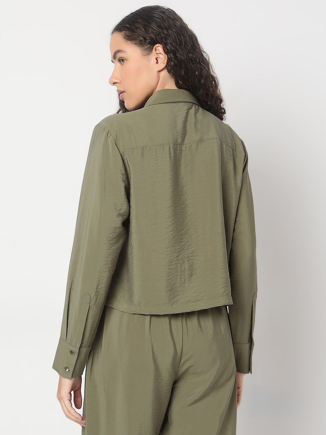 Olive Green Cropped Co-Ord Set Shirt