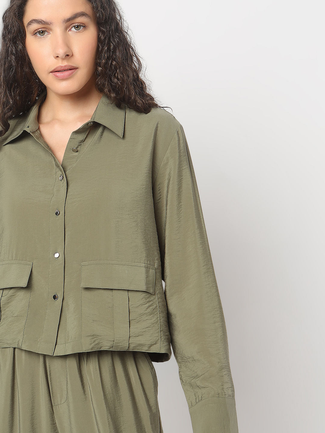 Olive Green Cropped Co-Ord Set Shirt