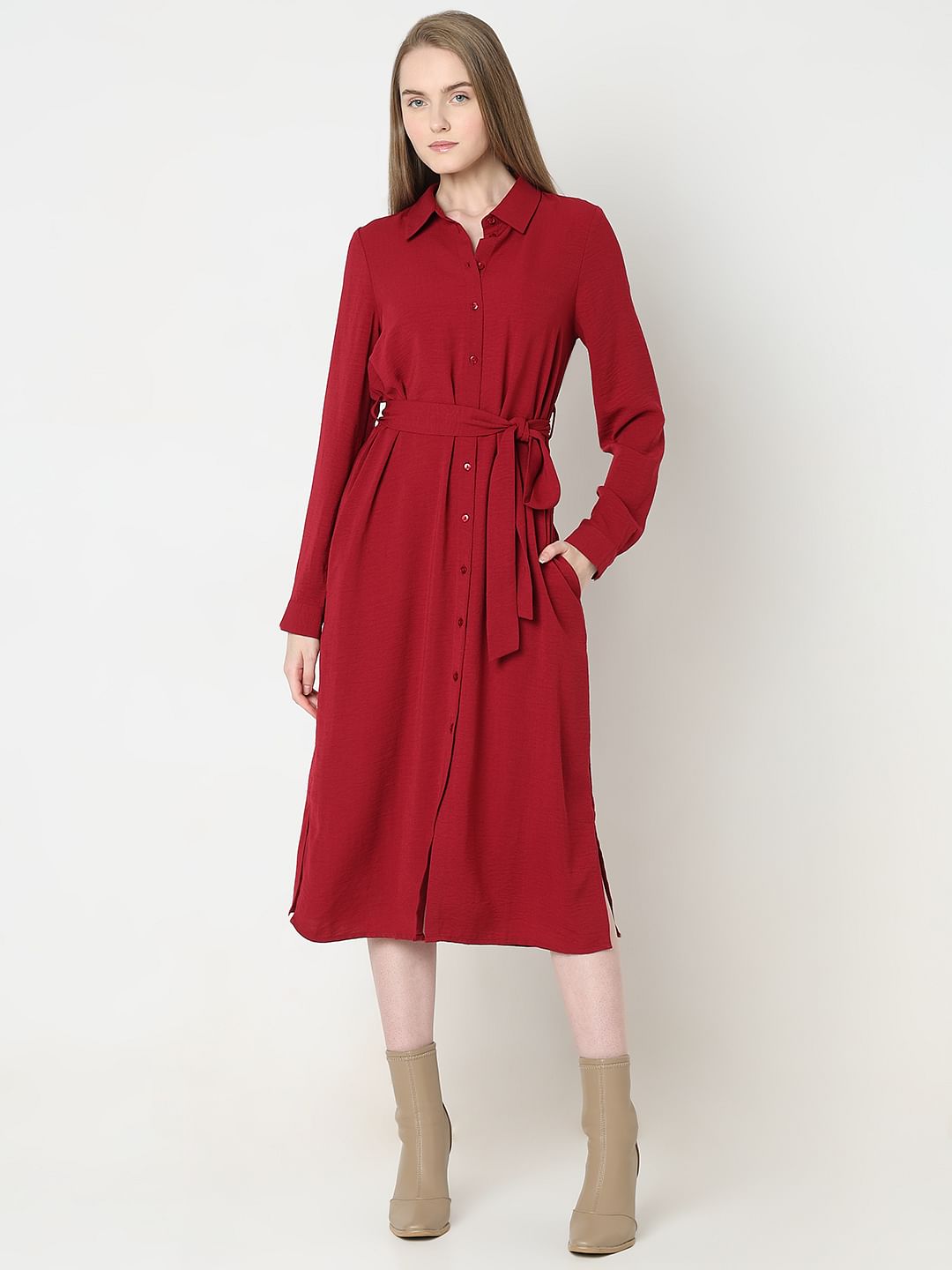 Red Midi Shirt Dress